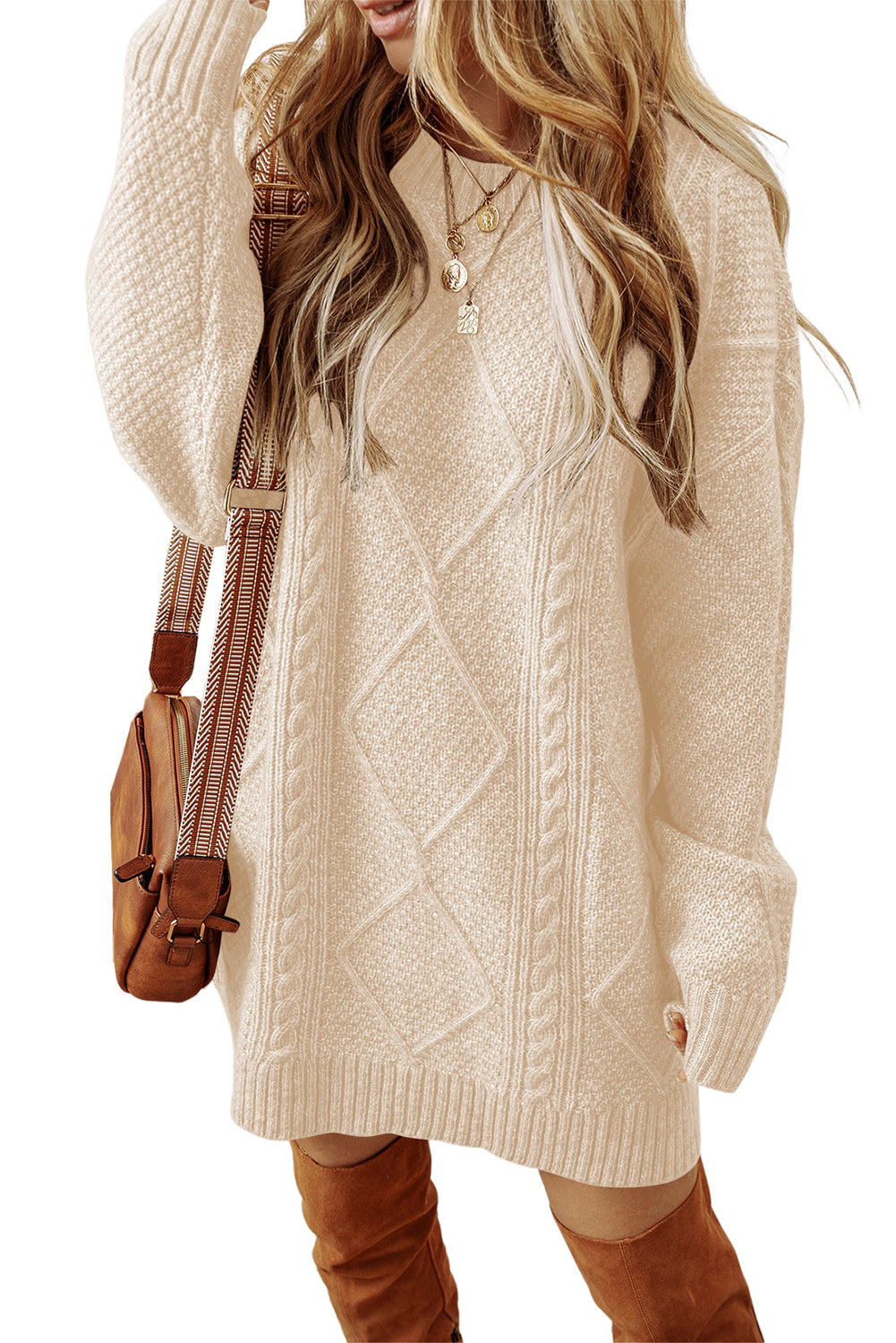 Parchment Twist Cable Knit Drop Shoulder Loose Fit Sweater Dress