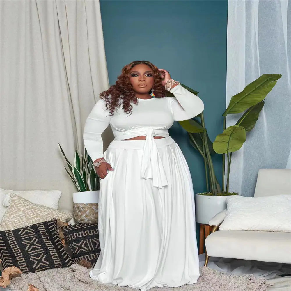 Plus Size Women's Sexy Two-Piece Skirt Set with Long Sleeves