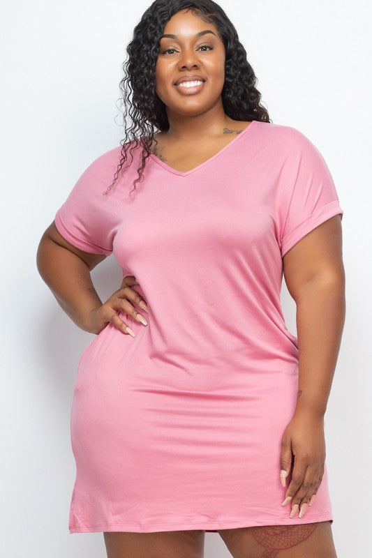 Plus Size Short Sleeve Pocket Mini Dress