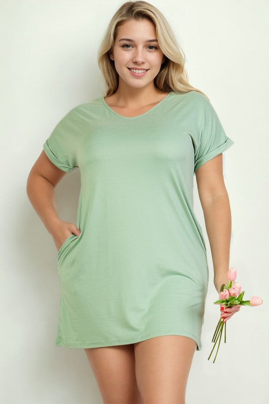 Plus Size Short Sleeve Pocket Mini Dress
