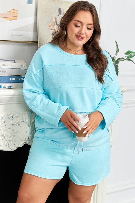 Plus Size Solid Pullover Top and Shorts Set