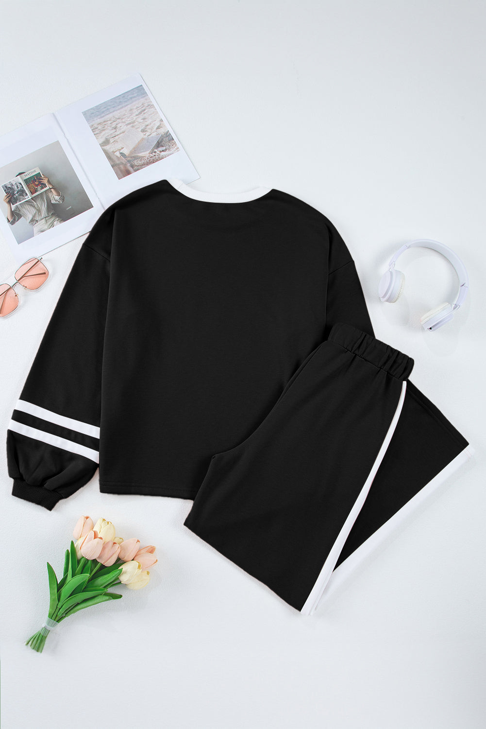 Mineral Red Varsity Stripe Patchwork Puff Sleeve Pullover Drawstring Wide Leg Pant Set