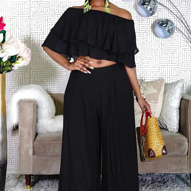Plus Size 2 Piece Off Shoulder Crop Top & Wide Leg Pants