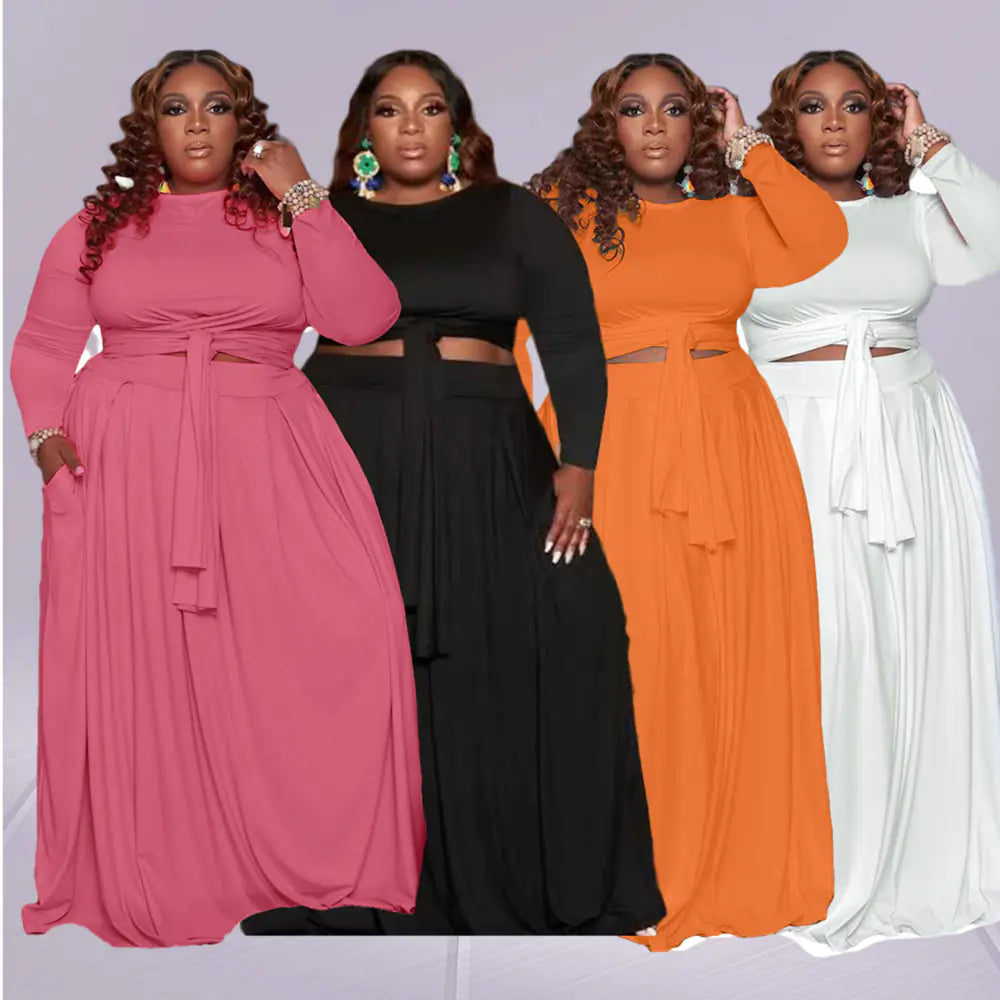 Plus Size Women's Sexy Two-Piece Skirt Set with Long Sleeves