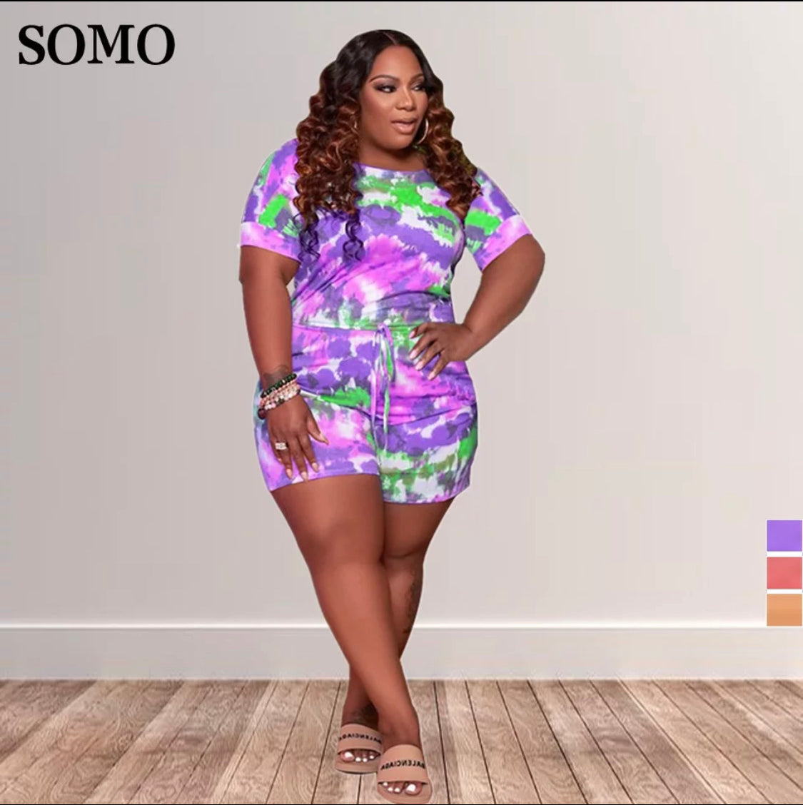 Round Neck Lace-up Tie-dye Printed Loose Jumpsuit Shorts  image 1