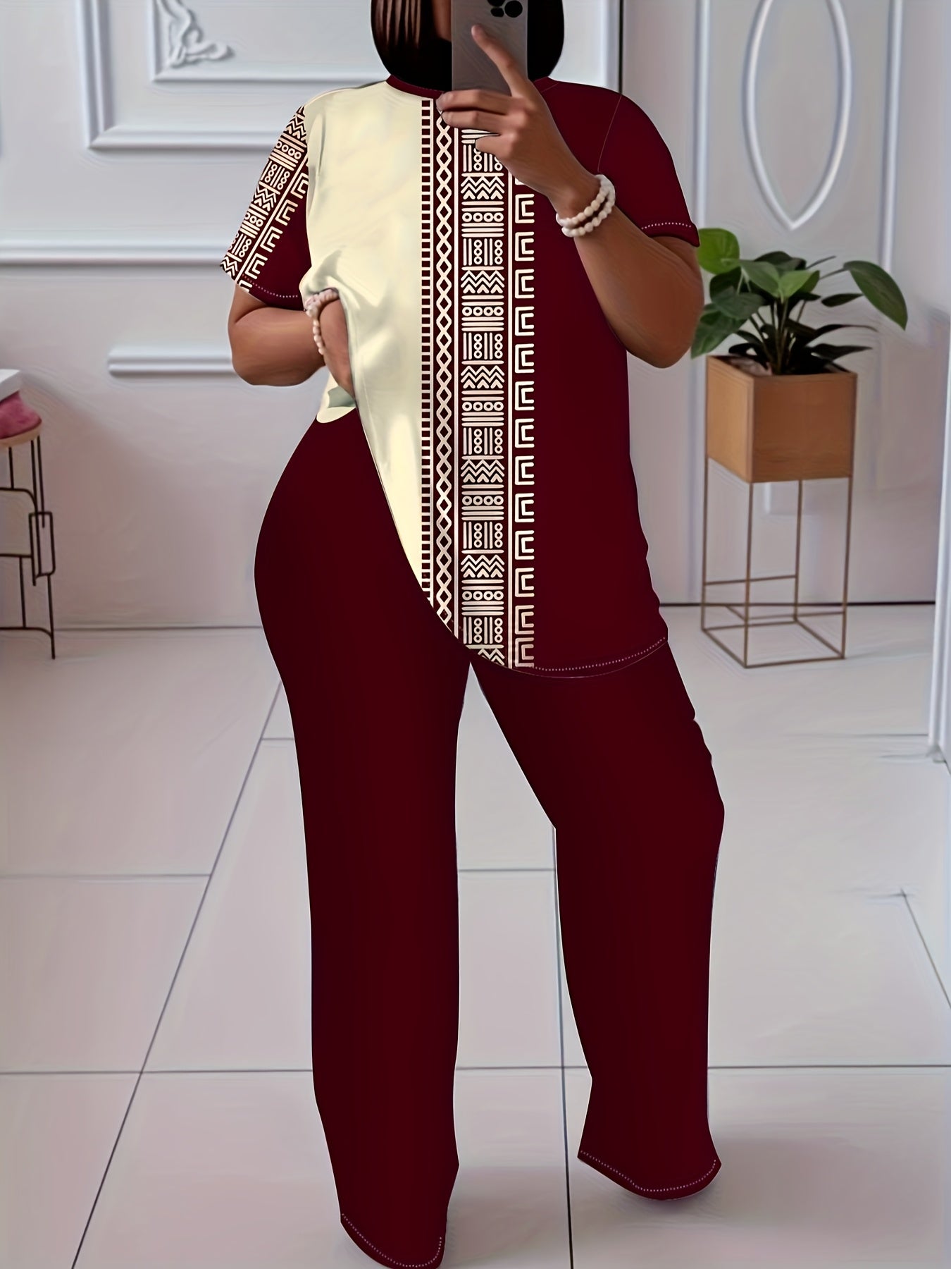 Plus Size Ethnic Print Casual TwoPiece Outfit