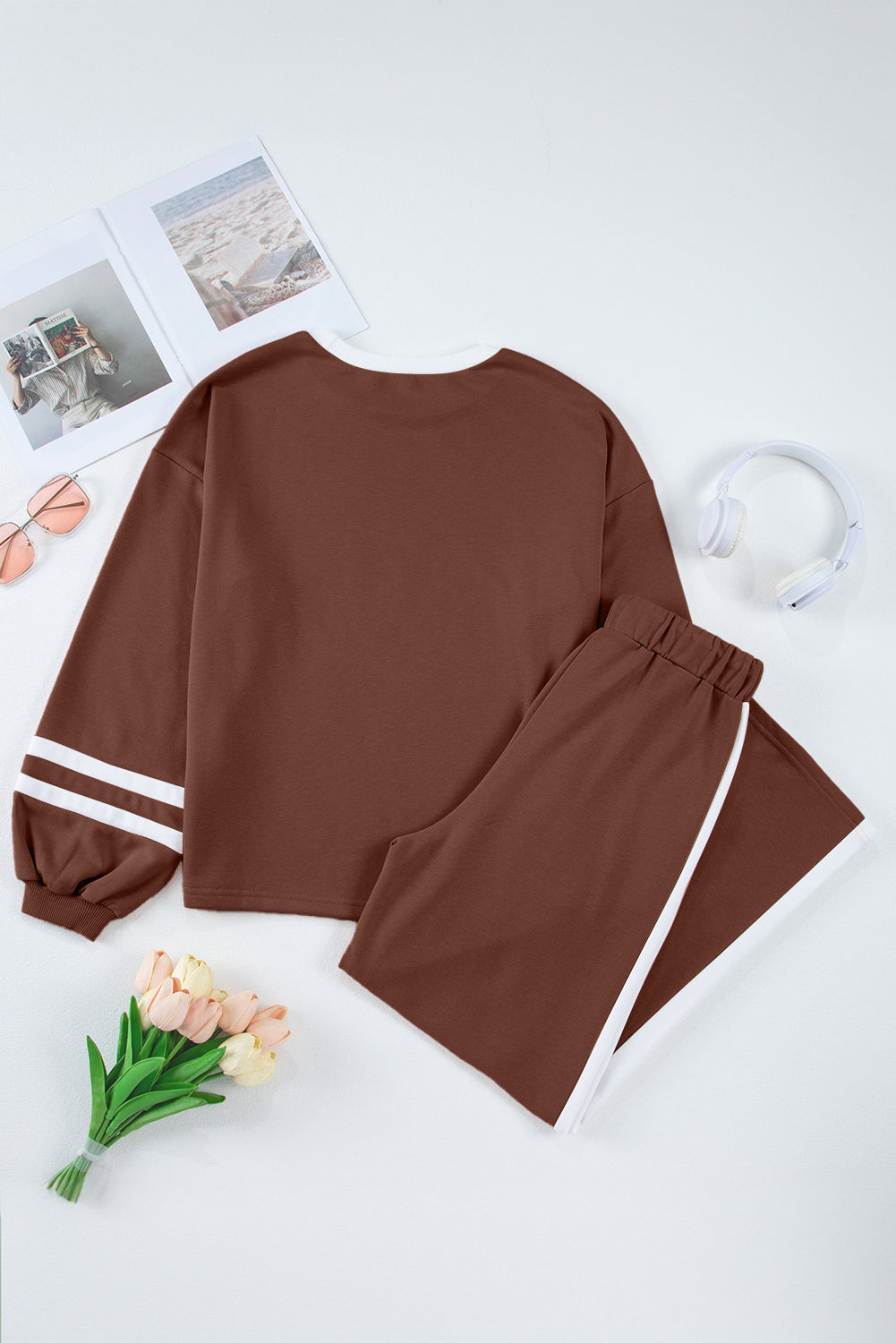 Mineral Red Varsity Stripe Patchwork Puff Sleeve Pullover Drawstring Wide Leg Pant Set