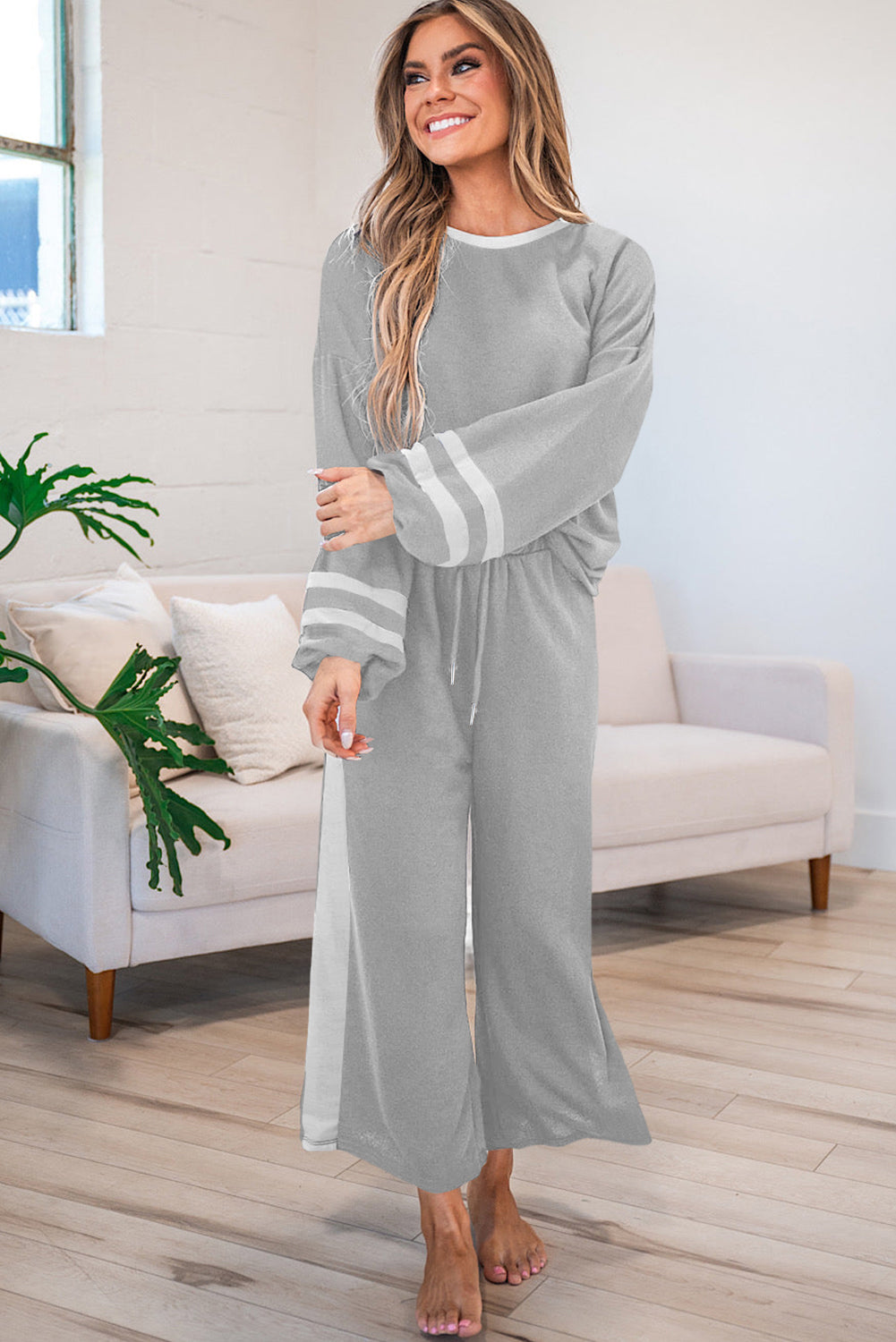 Mineral Red Varsity Stripe Patchwork Puff Sleeve Pullover Drawstring Wide Leg Pant Set