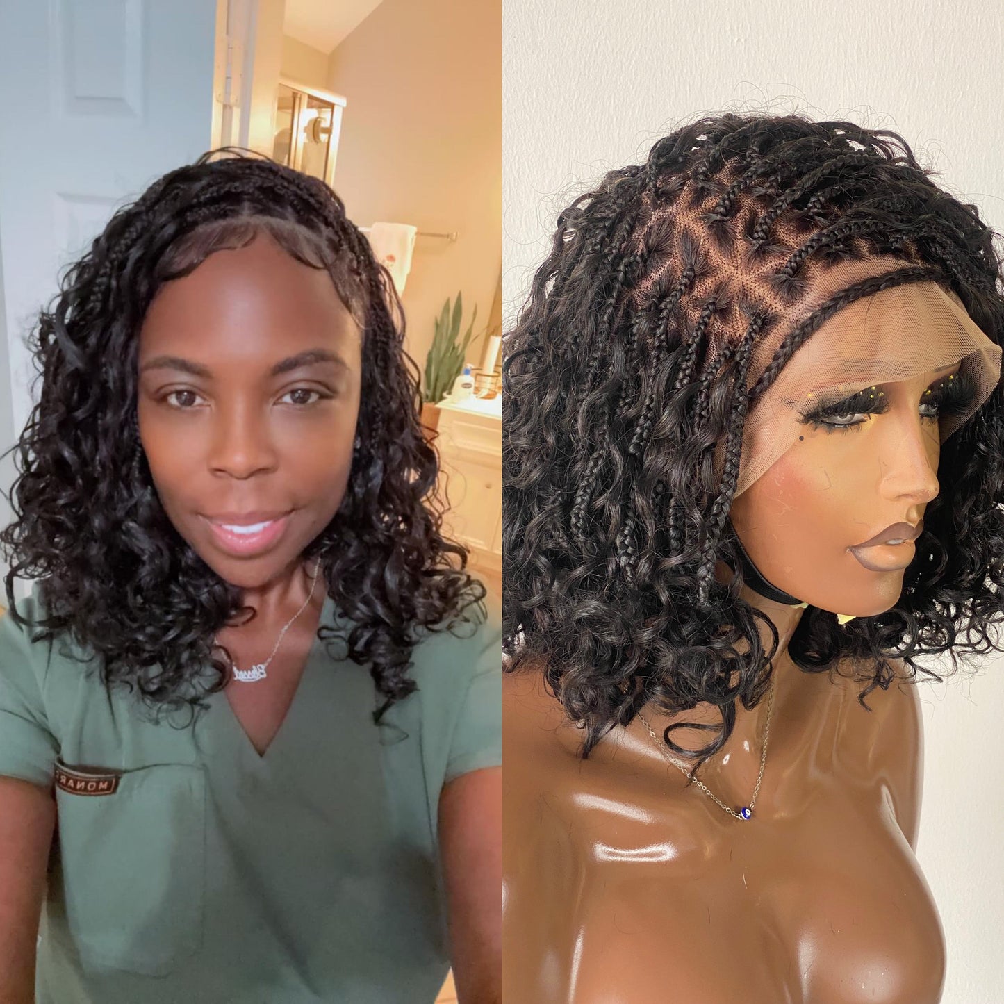 Bob Bohemian Knotless Wig (Human Hair Curls) HD Full Lace, Black Color