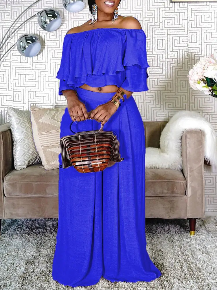 Plus Size 2 Piece Off Shoulder Crop Top & Wide Leg Pants