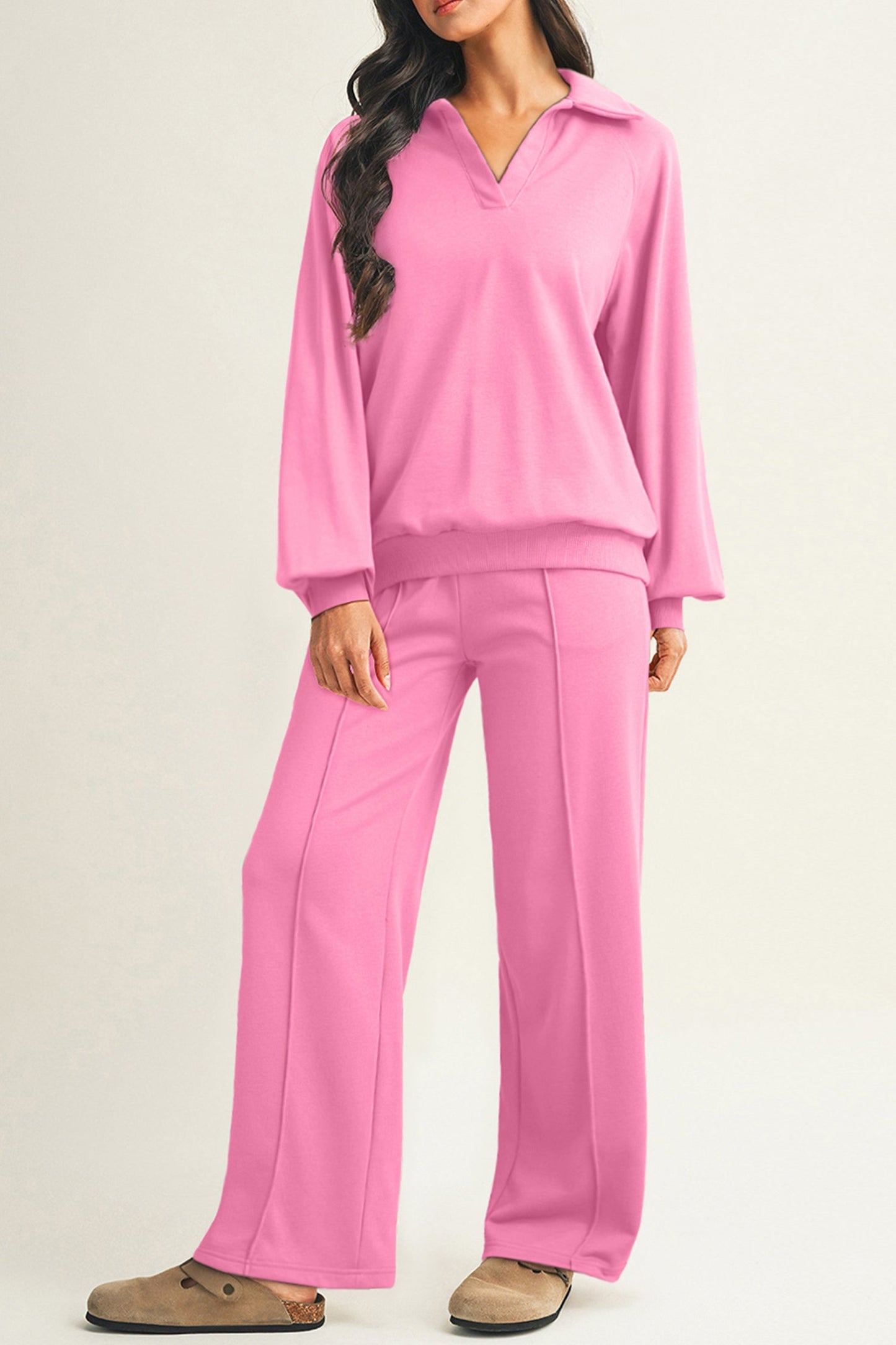 Dark Khaki Polo Collar V Neck Pullover and Drawstring Sweatpants Set