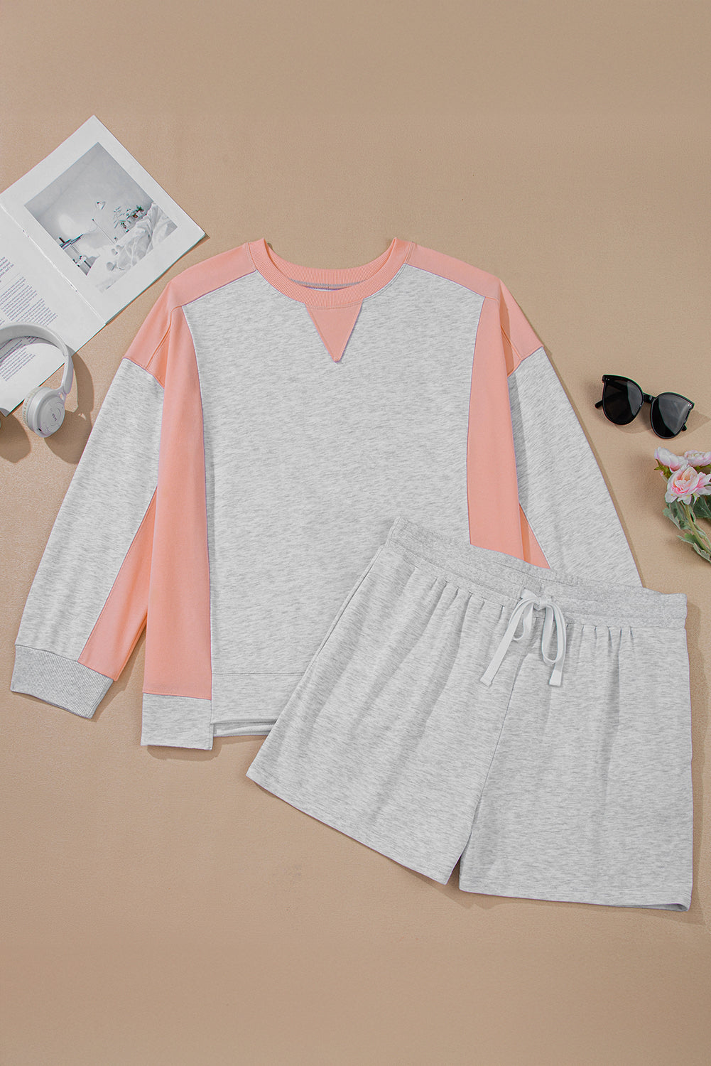 Plus Size Colorblock Pullover and Shorts Set